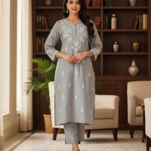 Elegant Grey Cotton Chikankari long Kurti for Women