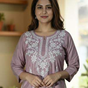Elegant Mauve Cotton Chikankari Long Kurti for Women