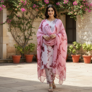 Pink Tie-Dye Ethnic Cotton Long Kurti