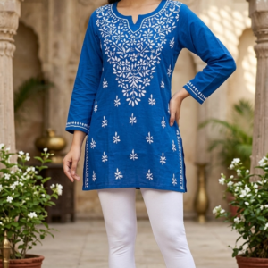 Short Kurti Blue Handcrafted Lucknow Chikankari Cotton Kurti