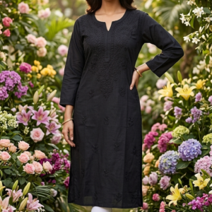 Black Long Kurti Handcrafted Lucknow Chikankari Cotton Kurti