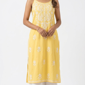 Yellow Handcrafted Lucknow Chikankari Cotton Kurti for Women